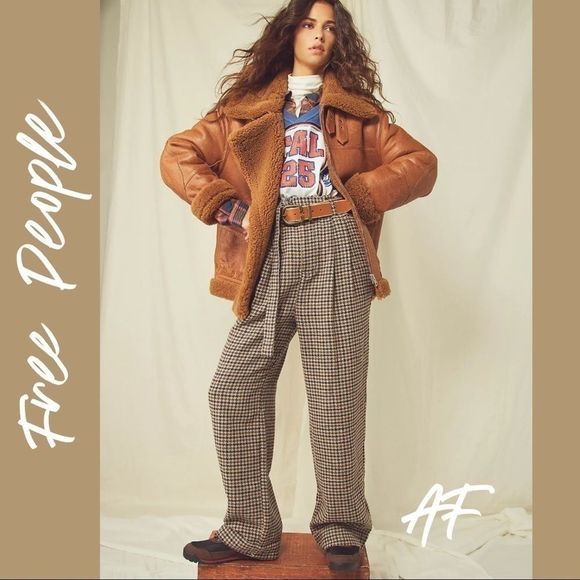 FREE PEOPLE MARYAM HOUNDSTOOTH PAPER-BAG SLACKS - Picture 1 of 15